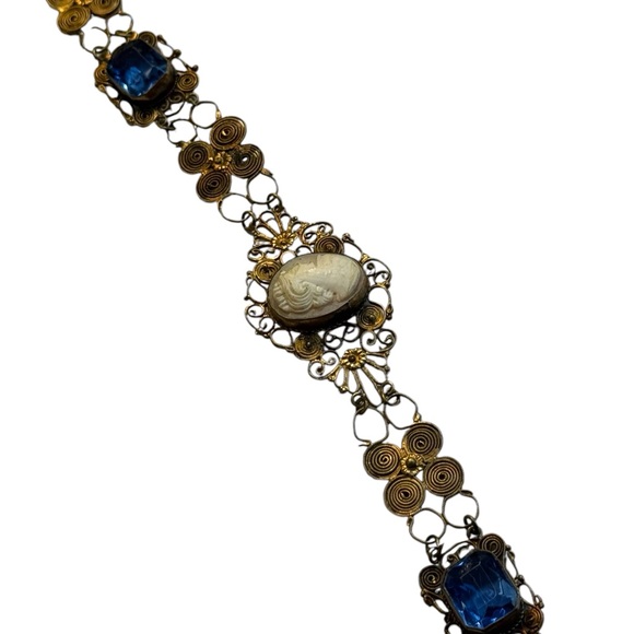 Antique Cantile filagree Blue  paste galss carved Cameo Bracelet art deco - Picture 6 of 8